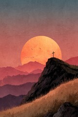 Fototapete - Minimalist Christian art of a hilltop cross at dawn.