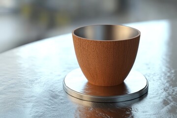 Poster - Empty wooden bowl on metallic surface, close-up view.