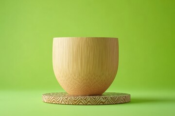 Poster - Light brown wooden bowl on a patterned surface against a bright lime background.