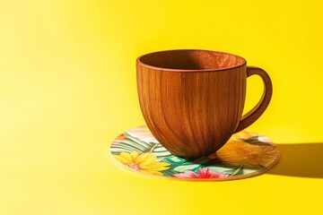 Poster - Wooden mug with floral coaster on yellow background.