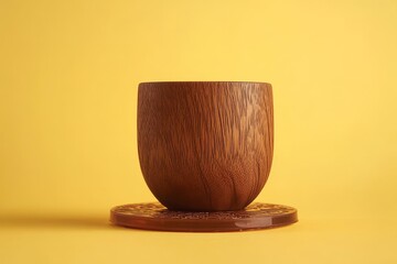 Poster - Empty wooden cup on a round coaster against a yellow backdrop.