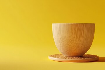 Poster - Empty light brown wooden bowl on a yellow backdrop.