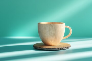 Poster - Empty light wooden mug on teal surface with shadows.