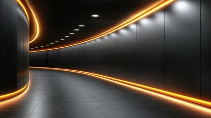 Orange-lit curved corridor, dark walls, modern design, futuristic background, architecture