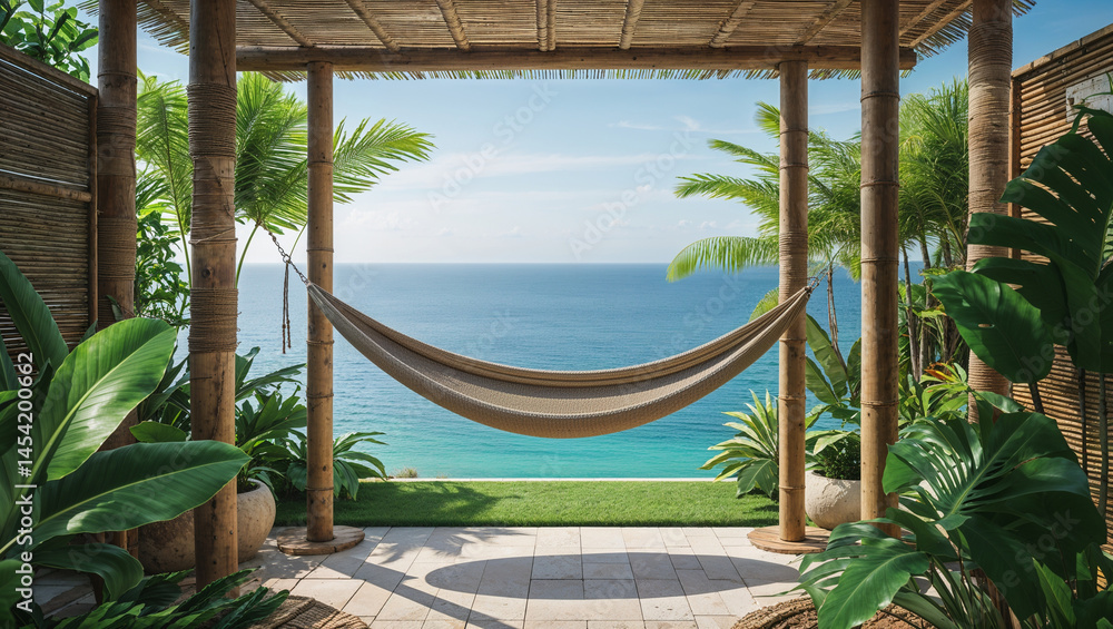 Luxurious hammock overlooking ocean view with tropical plants and a beautiful sunny day.