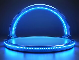 Fototapete - ブルーネオン円形ステージ 未来的なデジタルデザイン 暗い背景と輝く光の抽象的な形状