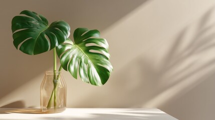 Fototapete - A side view of lush green tropical palm leaves highlighted by gentle sunlight streaming through a nearby window, creating a serene atmosphere indoors