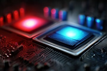Leinwandbilder - Cracked CPU Socket With Pulsing Red and Blue Lights Illuminating the Circuit Board Environment Generative AI