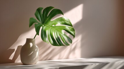 Fototapete - A green tropical palm leaf stands still in a minimalist vase, casting soft shadows on a light surface while illuminated by gentle sunlight. The warm tones create a serene atmosphere