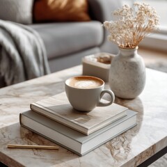 Fototapete - A stylish coffee table displays a cup of coffee resting on books, surrounded by a vase of dried flowers. Soft morning light enhances the cozy atmosphere of the living space