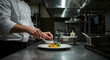 © Nipaporn - Professional Chef Plating Gourmet Dish in Modern Kitchen Setting