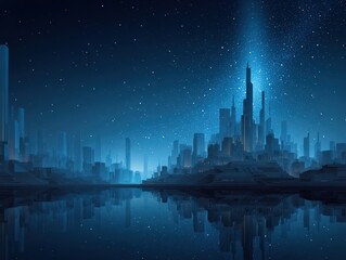 Wall Mural - Futuristic Cityscape at Night with Stars and Reflections on Water, Illuminated Skyscrapers and a Dreamlike Aesthetic in Blue Tones