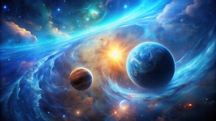 Wall Mural - Two distant exoplanets orbit a star in a galaxy surrounded by swirling blue gas clouds and nebulae , gas, nebulae,  gas