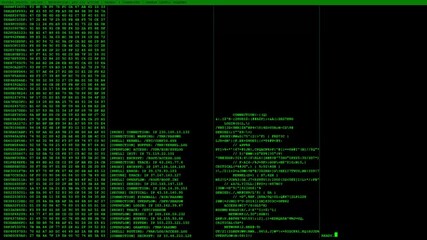 Animated hacker terminal interface with multiple columns of scrolling green code, hex dumps, and system logs on a black background. Features blinking cursor and status bar.