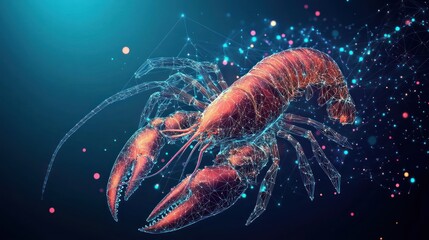 Abstract polygonal lobster with glowing particles.