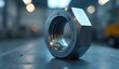 © Hadinx - Shiny Steel Nut in Factory-Inspired Setting with Cool Tones and Depth'