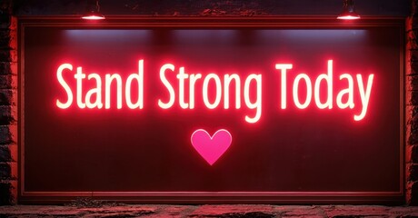 Poster - Red neon sign displays positive message. Heart symbol below text. Brick wall background provides contrast. Simple, motivational design.