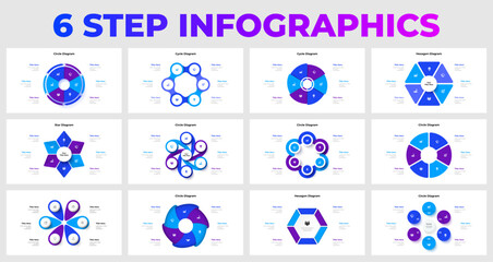 Aufkleber - Set of 6 step infographic templates in various shapes, including circles and hexagons. Elegant blue and purple themes suitable for presentations, business data, and workflow illustrations