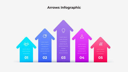 Aufkleber - Infographic with colorful upward arrows displaying icons and text, illustrating various aspects of business concepts, workflow, and achievements in a visually appealing and organized layout