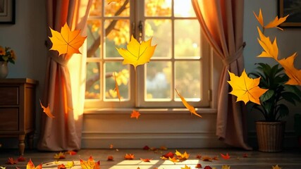 Poster - Golden autumn leaves gently fall inside a cozy room with soft sunlight