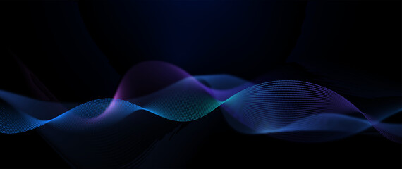 Leinwandbilder - Vector Abstract flowing wave line, particle dot pattern, neon light on dark blue gradient background. Modern futuristic design, particles wave data for background. Network, science, technology concept