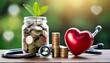 © April - a jar of coins with a green plant and a red heart symbolizes a blend of financial health and emotional well being alongside a stethoscope suggesting care