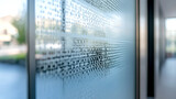 A close-up of an aluminum office sliding window with a decorative frosted glass film that reduces visibility and adds privacy