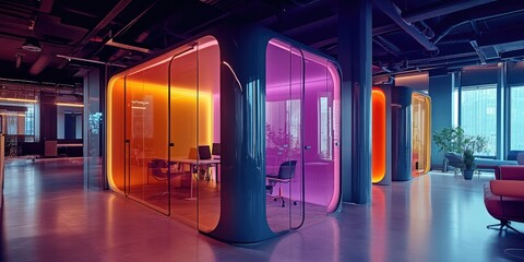 Aufkleber - An innovative startup hub with transparent meeting pods and neon brainstorming walls, teeming with creativity.
