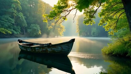 Poster - Serene Sunrise A Wooden Boat Rests on a Misty Lake, Embraced by Nature's Beauty