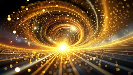 Poster - Golden swirling particles spiral into a luminous tunnel of light