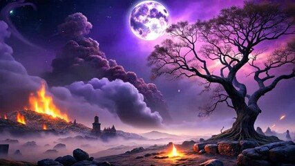 Poster - Mystical Night A Fantasy Landscape of Fire, Clouds, and a Lone Tree Under the Moonlight