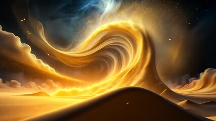 Poster - Golden Sandstorm Swirls Across an Alien Desert Landscape Beneath a Starry Sky