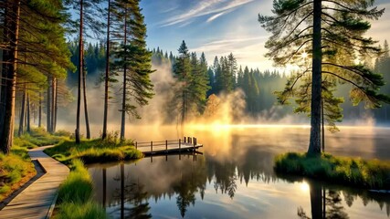 Poster - Serene Sunrise A Tranquil Escape to Nature's Embrace on a Misty Morning