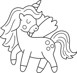 Wall Mural - Vector black and white unicorn icon. Magic creature line clipart. Cute fairytale character. Woodland fantasy animal with horn and wings. Forest fairy tale illustration, coloring page
