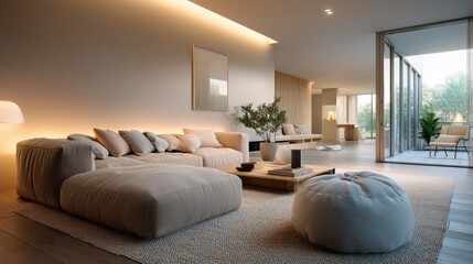 Fototapete - A modern living room showcases smart home technology adjusting lighting for comfort. Soft tones and a relaxed atmosphere enhance the inviting space, reflecting contemporary design