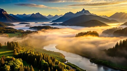 Poster - Golden Sunrise Over a Misty River Valley and Majestic Mountains