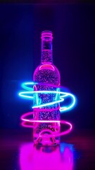Aufkleber - Neon light trails swirling around wine bottle silhouette on dark background. Futuristic nightlife concept. Creative beverage for bar or club promotion