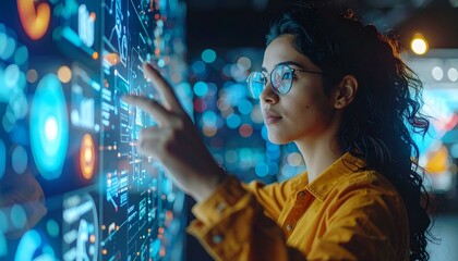Woman in glasses interacts with a futuristic digital interface, analyzing data visualizations.