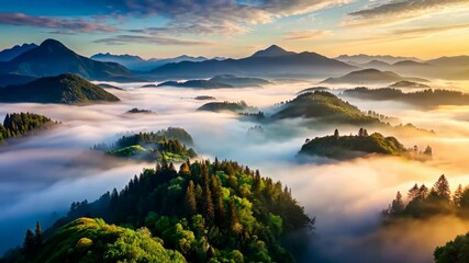 Poster - Sunrise Over Misty Mountain Peaks A Breathtaking Aerial View