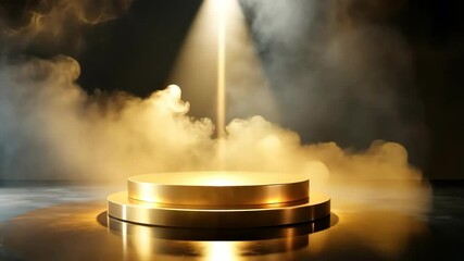 Fototapete - Golden Podium with Spotlight and Smoke A Luxurious Display for Your Product