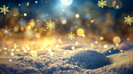 Aufkleber - Golden snowflakes gently fall on a snowy field with magical bokeh lights