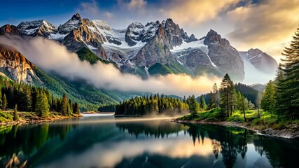 Poster - Serene mountain lake reflects majestic peaks at sunrise
