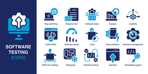 Software Testing icon set. Containing bug searching, usability, load, software speed, testing interface, and embedded system. Solid vector icons collection. Vector illustration.
