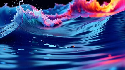 Poster - Neon ocean waves ripple and splash with vibrant colors against a black backdrop.