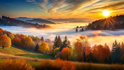 Poster - Golden Sunrise Over Misty Autumn Valley A Breathtaking Scenery of Nature's Beauty