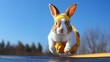 © bunga - Playful bunny in mid-air jump, wearing yellow headband and outfit.