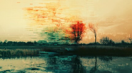 Abstract nature landscape painting with trees and water reflection art design style image view