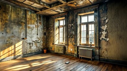 Leinwandbilder - Sunlight streams through windows in an abandoned room of a derelict house with a hardwood floor