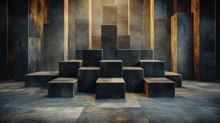 Aufkleber - Dramatic architectural space features series of dark, textured cubic structures arranged in stepped formation, illuminated by warm, ambient lighting. scene evokes sense of mystery and grandeur