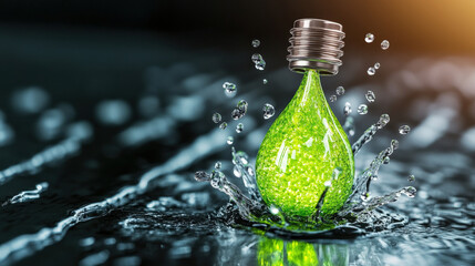 Leinwandbilder - Green light bulb splashes into water, symbolizing innovation and eco friendly technology. vibrant green color and dynamic water droplets convey sense of energy and sustainability